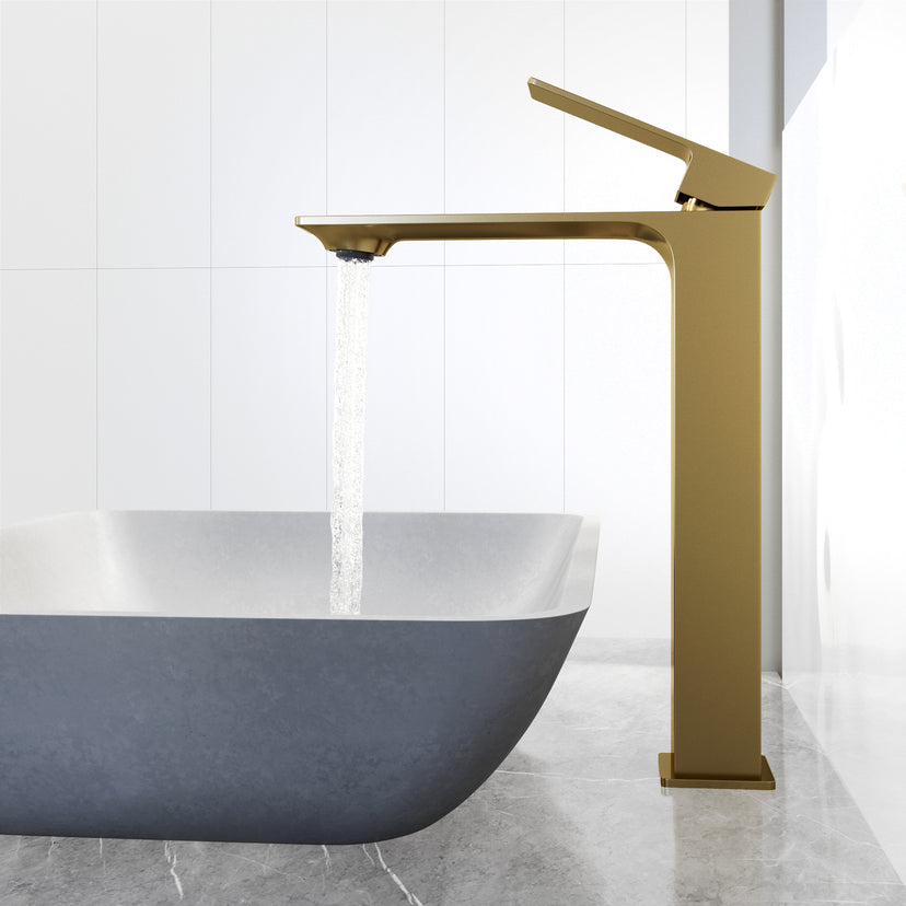 Concreto Stone Round Vessel Bathroom Sink and Faucet in Matte Brushed Gold