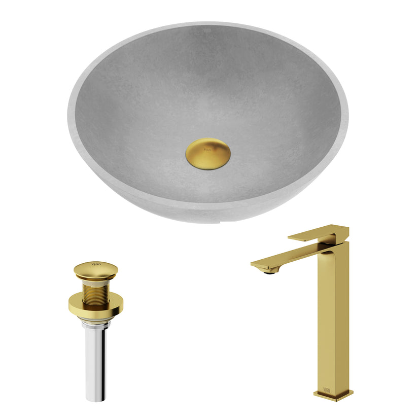 Concreto Stone Round Vessel Bathroom Sink and Faucet in Matte Brushed Gold