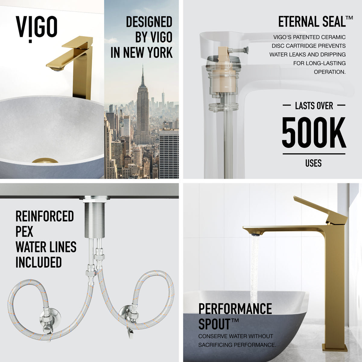 Concreto Stone Round Vessel Bathroom Sink and Faucet in Matte Brushed Gold