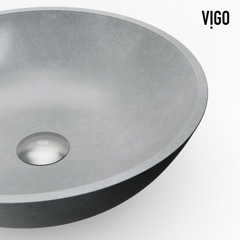 Concreto Stone Round Vessel Bathroom Sink and Faucet in Matte Brushed Gold