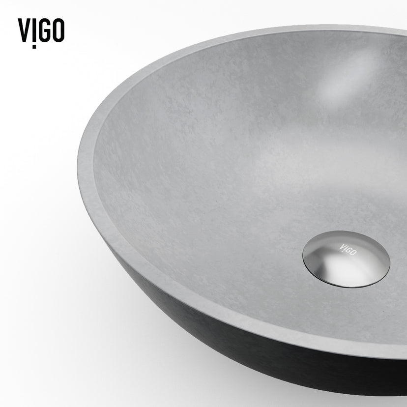 Concreto Stone Round Vessel Bathroom Sink and Faucet in Matte Brushed Gold