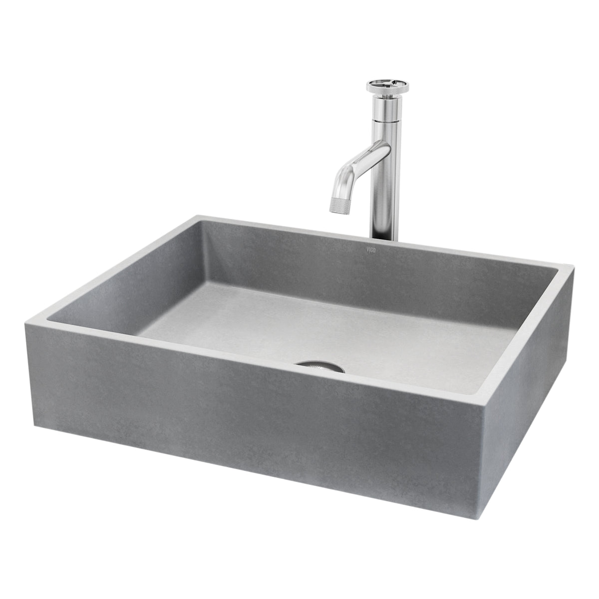 VIGO Concreto Stone Bathroom Sink with Cass Vessel Faucet and Pop-Up Drain in Brushed Nickel