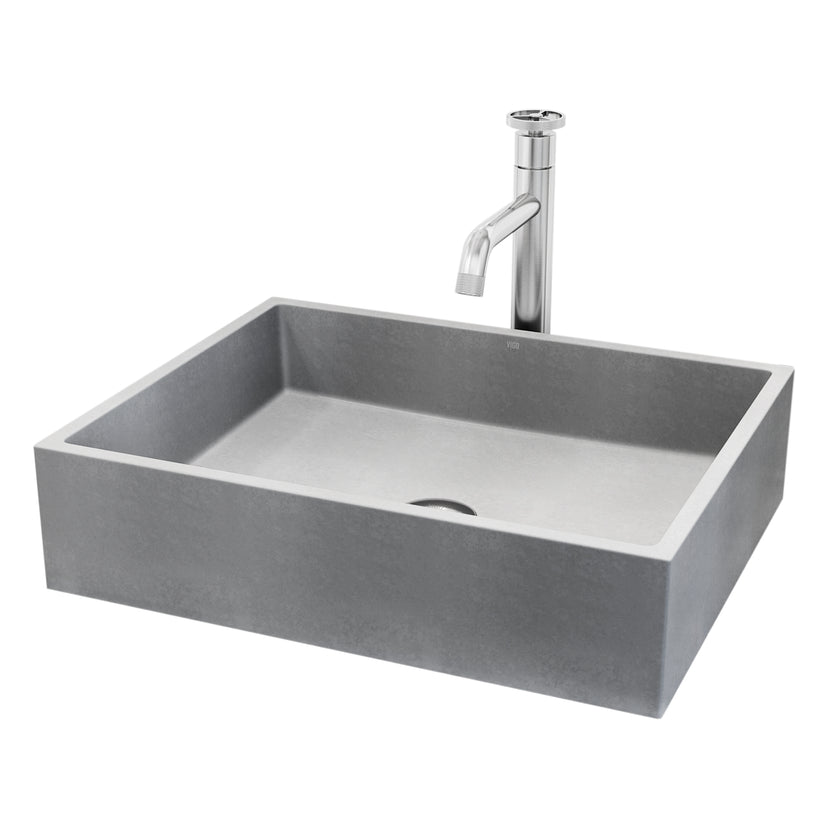 VIGO Concreto Stone Bathroom Sink with Cass Vessel Faucet and Pop-Up Drain in Brushed Nickel