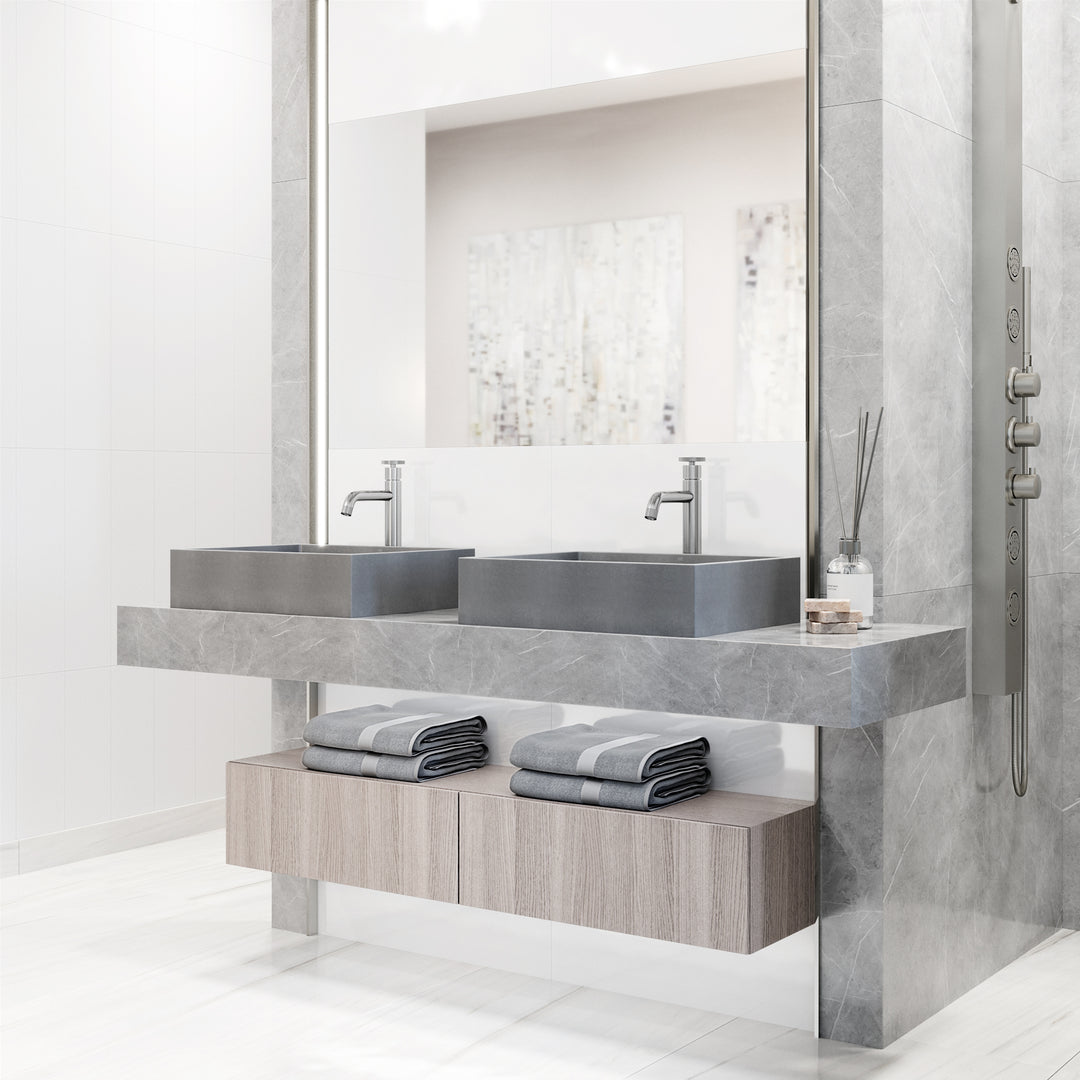 VIGO Concreto Stone Bathroom Sink with Cass Vessel Faucet and Pop-Up Drain in Brushed Nickel