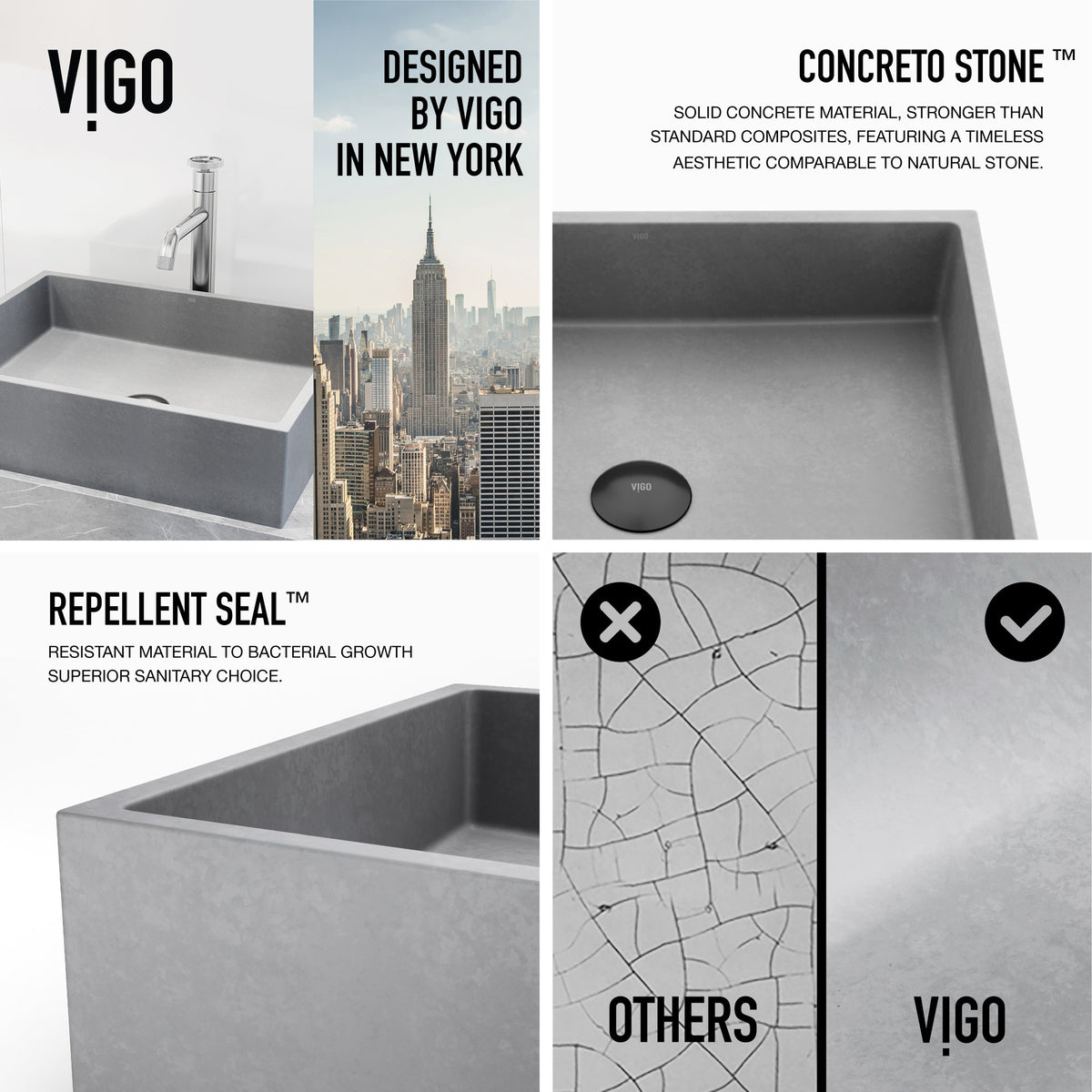 VIGO Concreto Stone Bathroom Sink with Cass Vessel Faucet and Pop-Up Drain in Brushed Nickel