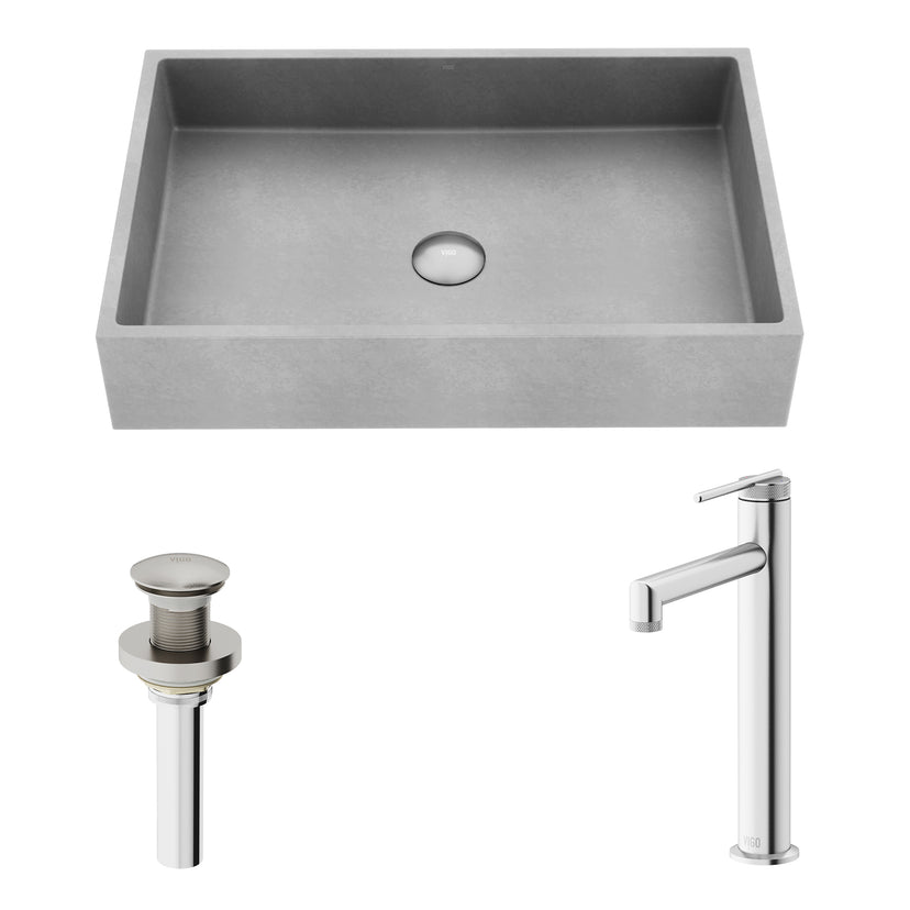 VIGO Concreto Stone Bathroom Sink with Sterling Vessel Faucet and Pop-Up Drain in Brushed Nickel
