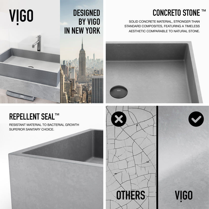 VIGO Concreto Stone Bathroom Sink with Sterling Vessel Faucet and Pop-Up Drain in Brushed Nickel