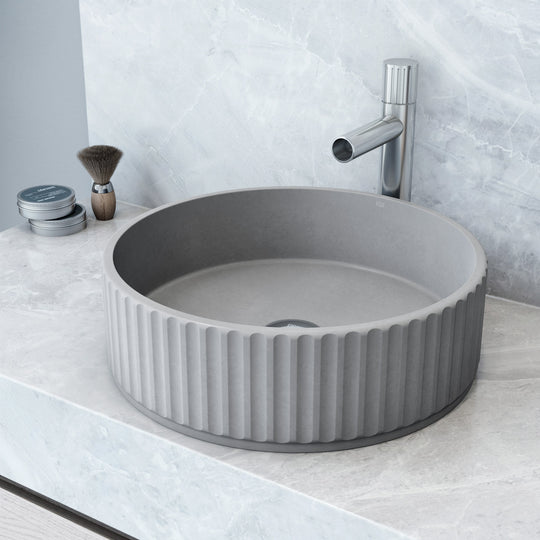 VIGO Concreto Stone Bathroom Sink with Ashford Vessel Faucet and Pop-Up Drain in Chrome
