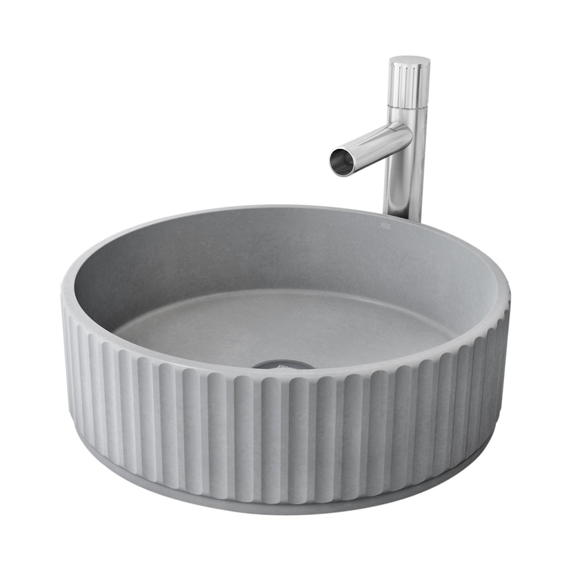 VIGO Concreto Stone Bathroom Sink with Ashford Vessel Faucet and Pop-Up Drain in Chrome
