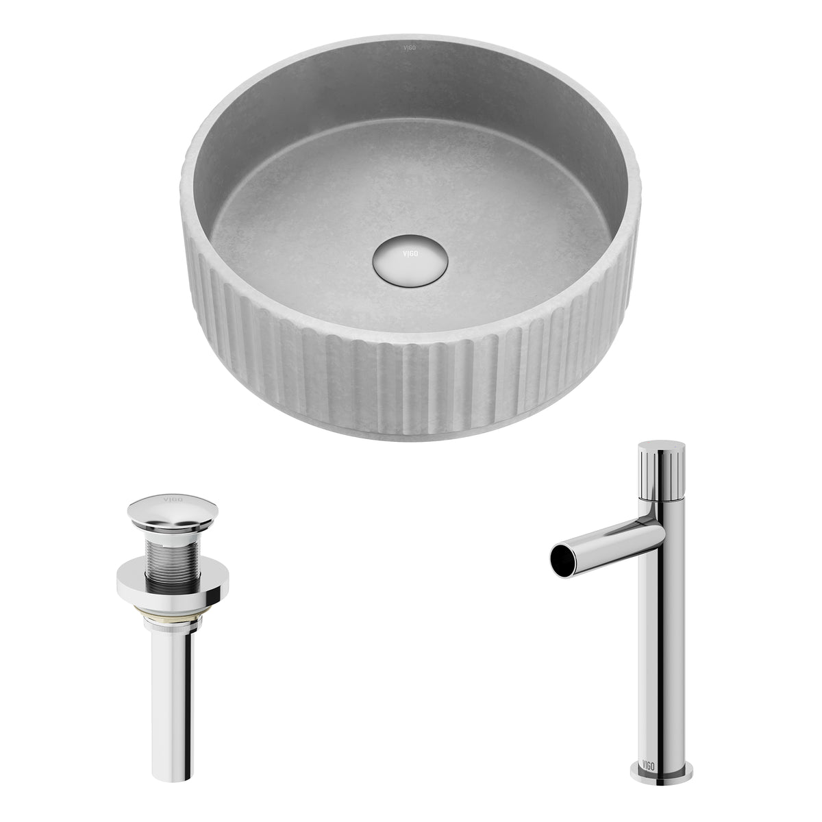 VIGO Concreto Stone Bathroom Sink with Ashford Vessel Faucet and Pop-Up Drain in Chrome