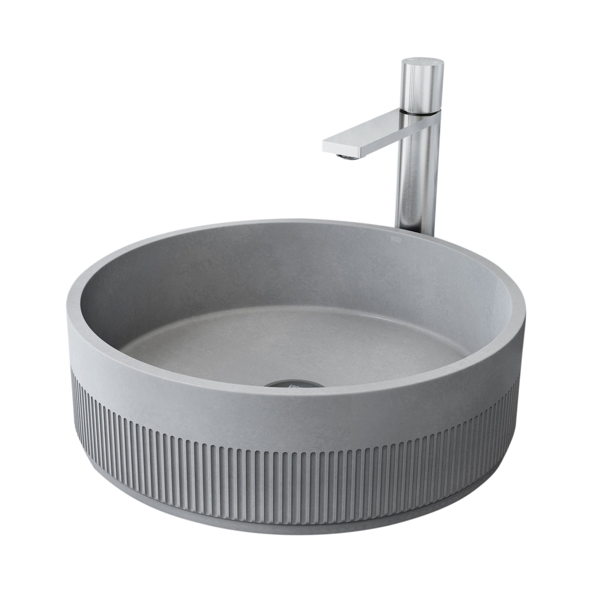 VIGO Concreto Stone Bathroom Sink with Gotham Vessel Faucet and Pop-Up Drain in Brushed Nickel