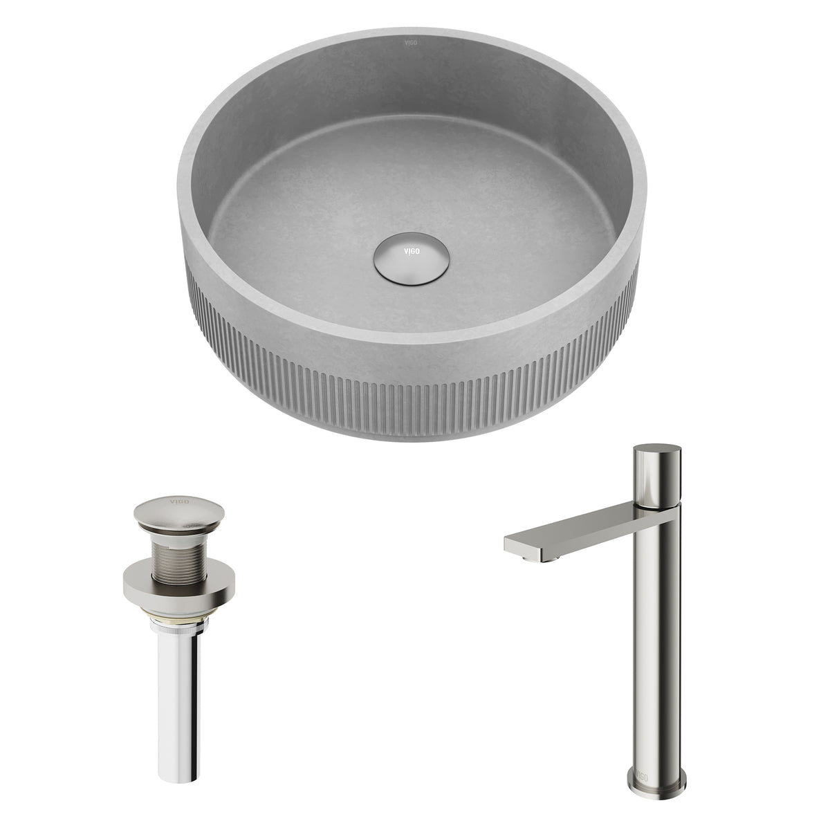VIGO Concreto Stone Bathroom Sink with Gotham Vessel Faucet and Pop-Up Drain in Brushed Nickel