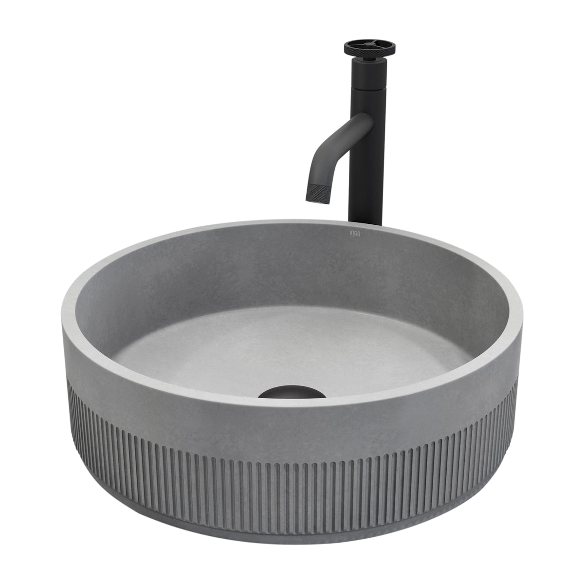 VIGO Concreto Stone Bathroom Sink with Cass Vessel Faucet and Pop-Up Drain in Matte Black