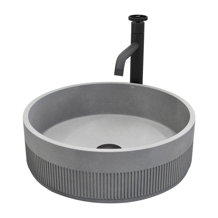 VIGO Concreto Stone Bathroom Sink with Cass Vessel Faucet and Pop-Up Drain in Matte Black