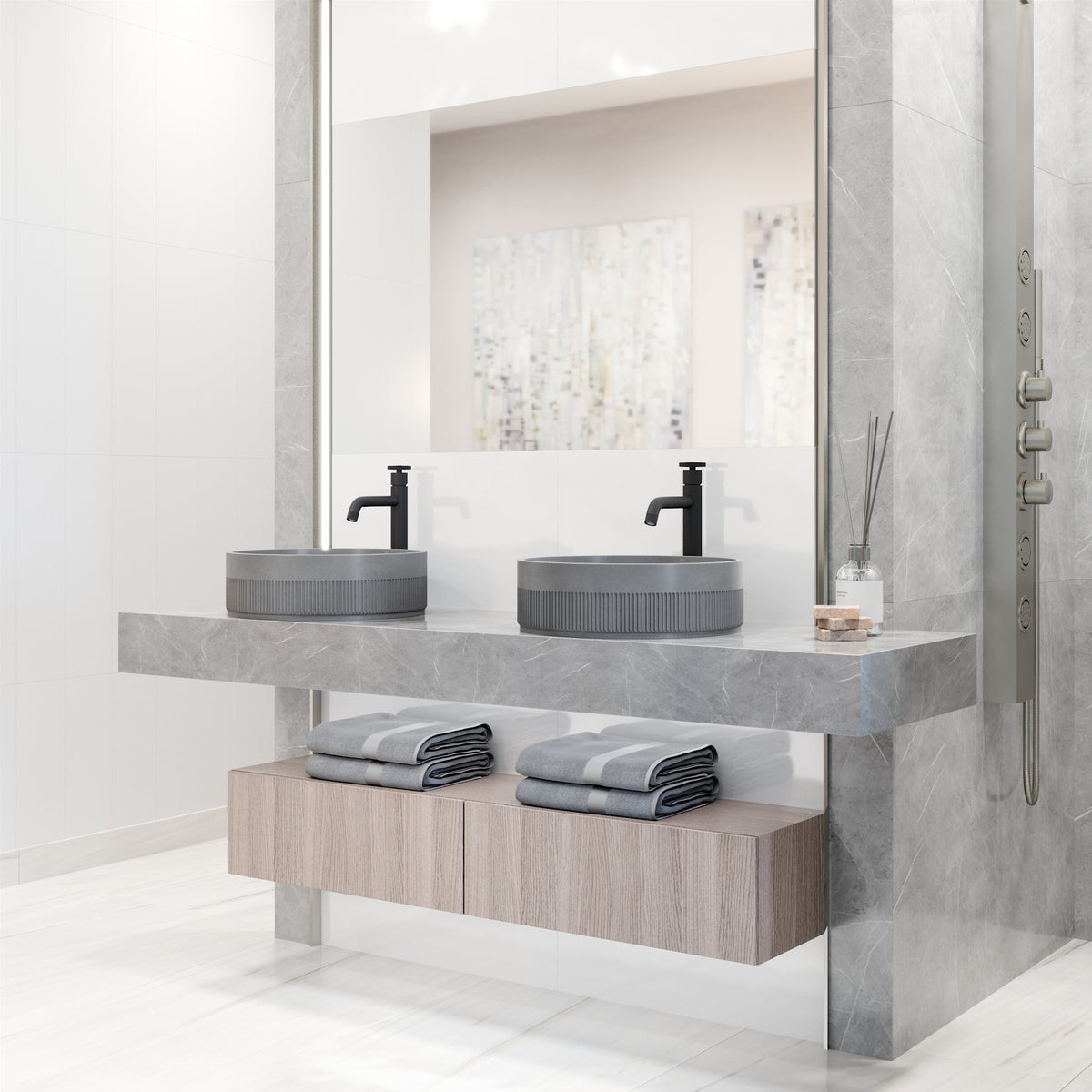 VIGO Concreto Stone Bathroom Sink with Cass Vessel Faucet and Pop-Up Drain in Matte Black