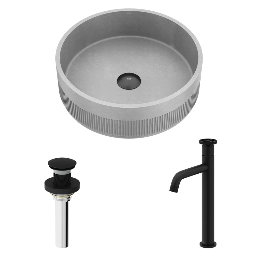 VIGO Concreto Stone Bathroom Sink with Cass Vessel Faucet and Pop-Up Drain in Matte Black