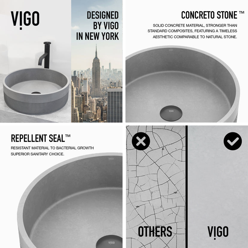 VIGO Concreto Stone Bathroom Sink with Cass Vessel Faucet and Pop-Up Drain in Matte Black