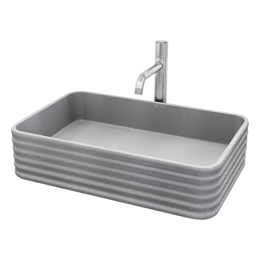 VIGO Concreto Stone Bathroom Sink with Apollo Vessel Faucet and Pop-Up Drain in Brushed Nickel