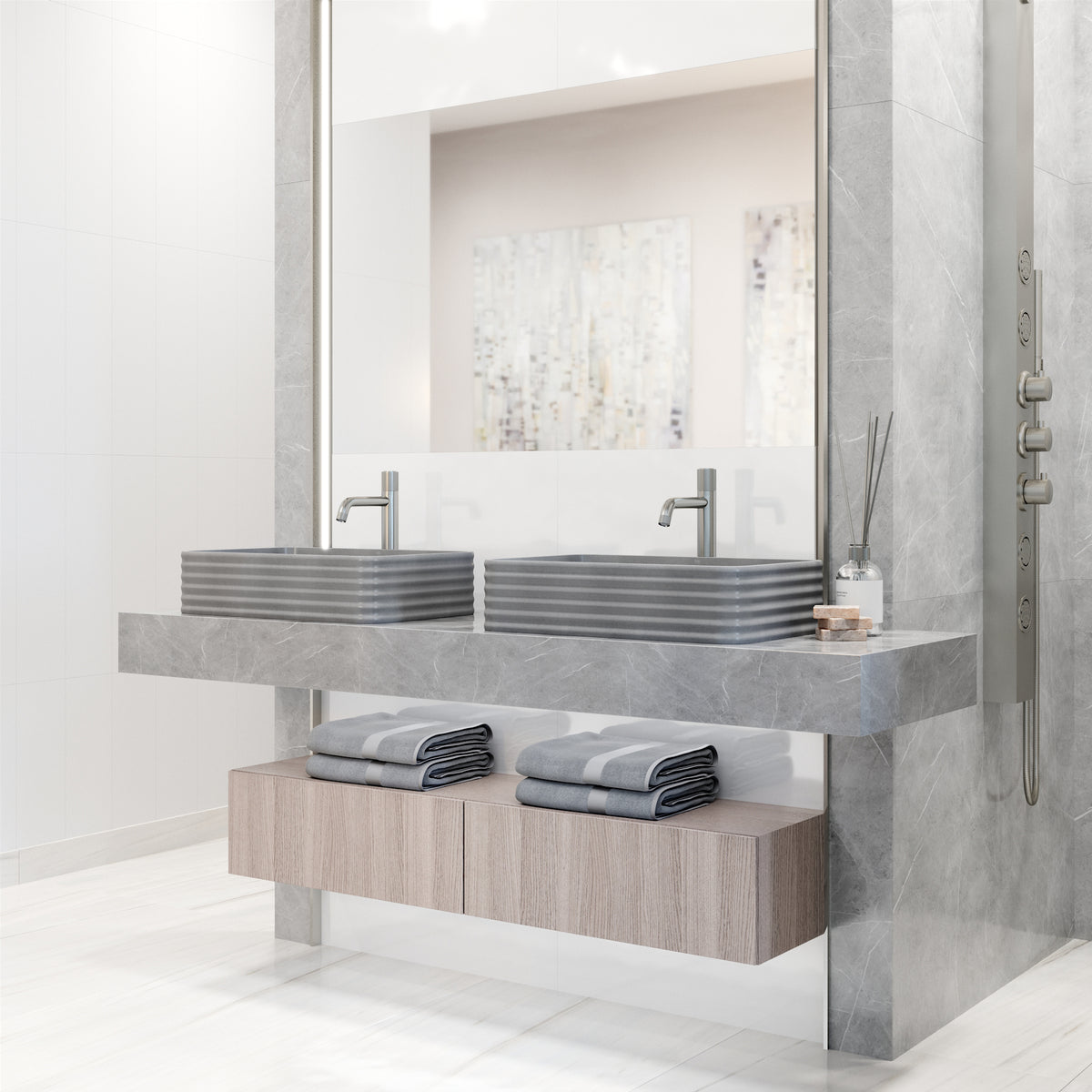 VIGO Concreto Stone Bathroom Sink with Apollo Vessel Faucet and Pop-Up Drain in Brushed Nickel