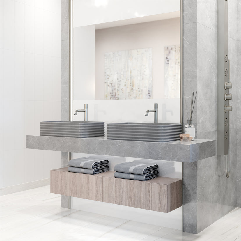 VIGO Concreto Stone Bathroom Sink with Apollo Vessel Faucet and Pop-Up Drain in Brushed Nickel