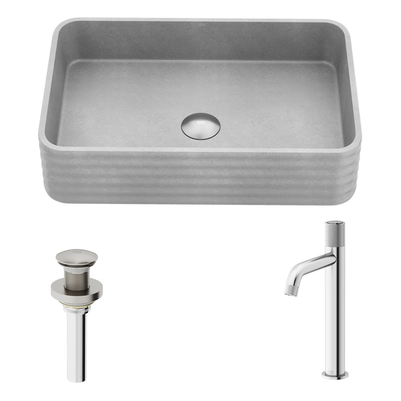 VIGO Concreto Stone Bathroom Sink with Apollo Vessel Faucet and Pop-Up Drain in Brushed Nickel