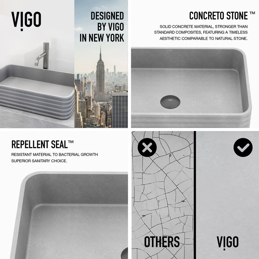 VIGO Concreto Stone Bathroom Sink with Apollo Vessel Faucet and Pop-Up Drain in Brushed Nickel