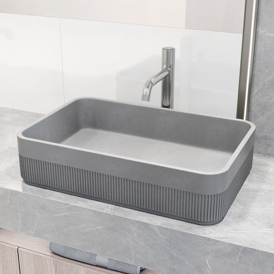 VIGO Concreto Stone Bathroom Sink with Apollo Vessel Faucet and Pop-Up Drain in Chrome