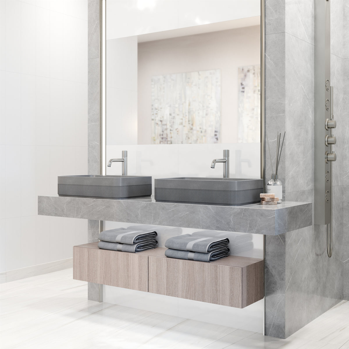 VIGO Concreto Stone Bathroom Sink with Apollo Vessel Faucet and Pop-Up Drain in Chrome