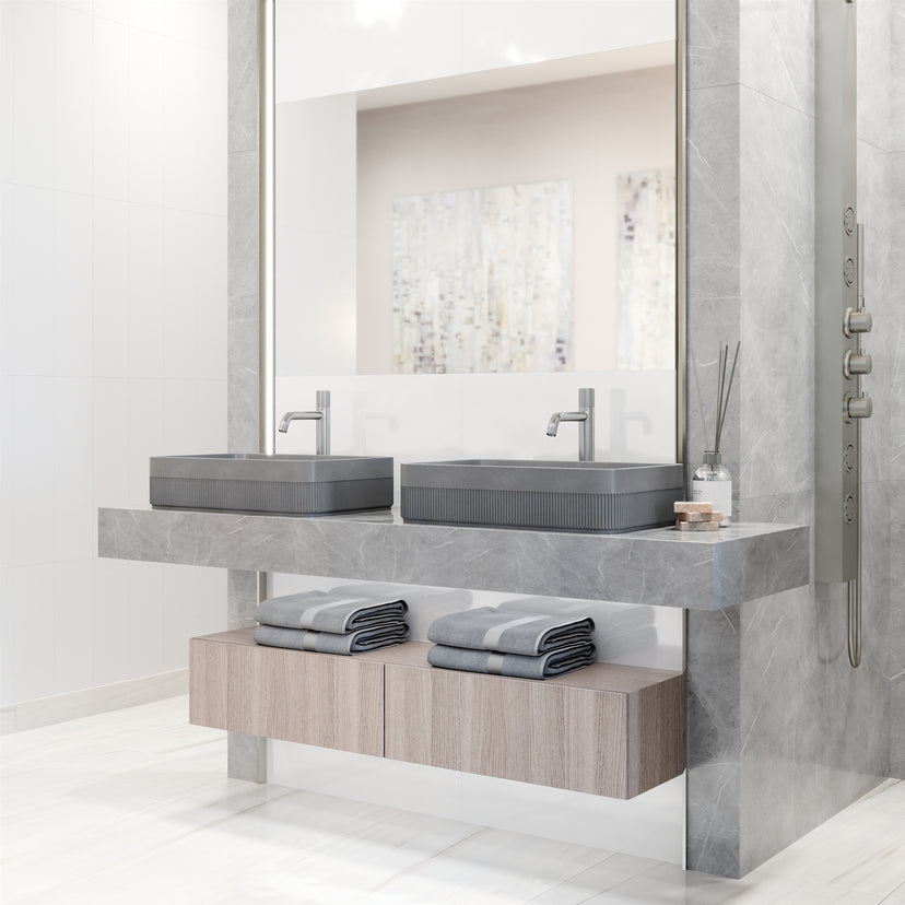 VIGO Concreto Stone Bathroom Sink with Apollo Vessel Faucet and Pop-Up Drain in Chrome
