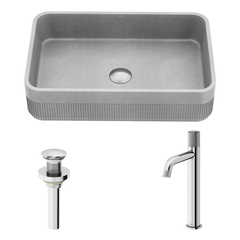 VIGO Concreto Stone Bathroom Sink with Apollo Vessel Faucet and Pop-Up Drain in Chrome