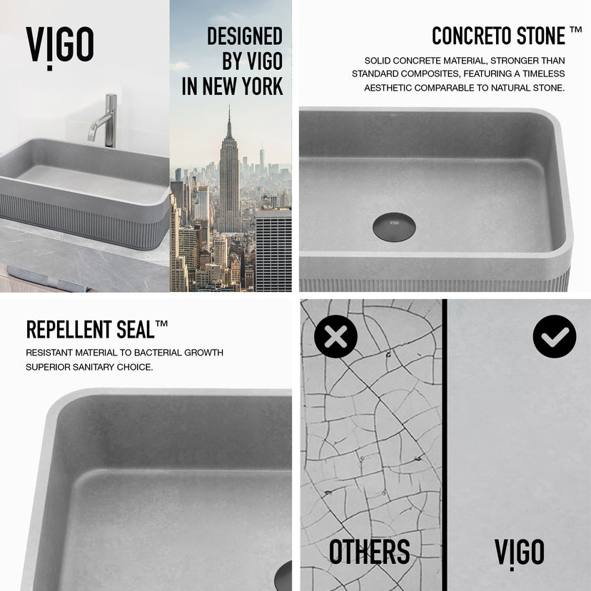 VIGO Concreto Stone Bathroom Sink with Apollo Vessel Faucet and Pop-Up Drain in Chrome
