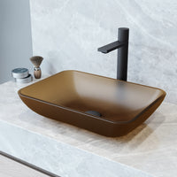 VIGO Amber Sottile Glass Vessel Bathroom Sink with Gotham Vessel and Pop-Up Drain in Matte Black