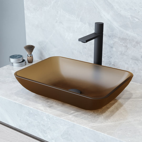 VIGO Amber Sottile Glass Vessel Bathroom Sink with Gotham Vessel and Pop-Up Drain in Matte Black