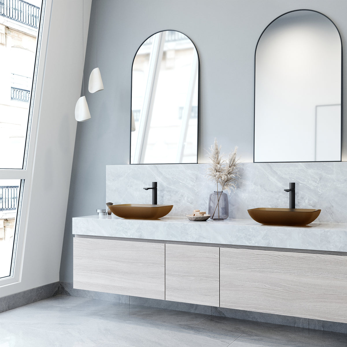 VIGO Amber Sottile Glass Vessel Bathroom Sink with Gotham Vessel and Pop-Up Drain in Matte Black