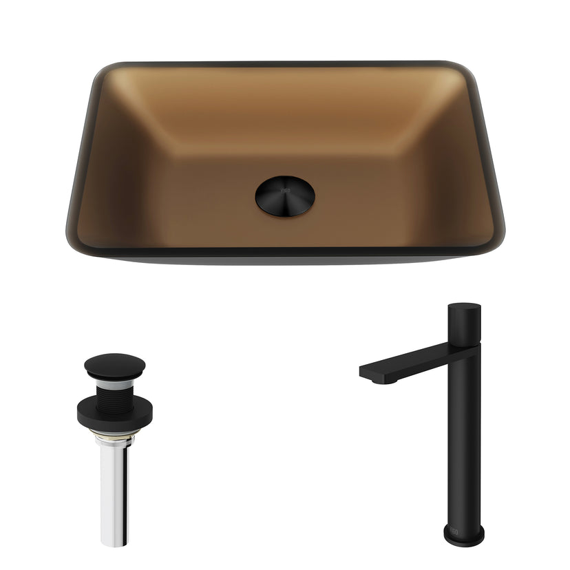 VIGO Amber Sottile Glass Vessel Bathroom Sink with Gotham Vessel and Pop-Up Drain in Matte Black