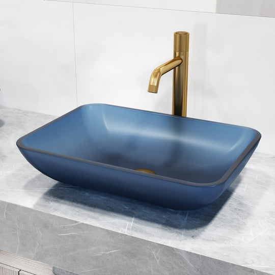 VIGO Royal Blue Glass Vessel Bathroom Sink with Apollo Faucet and Pop-Up Drain in Matte Brushed Gold