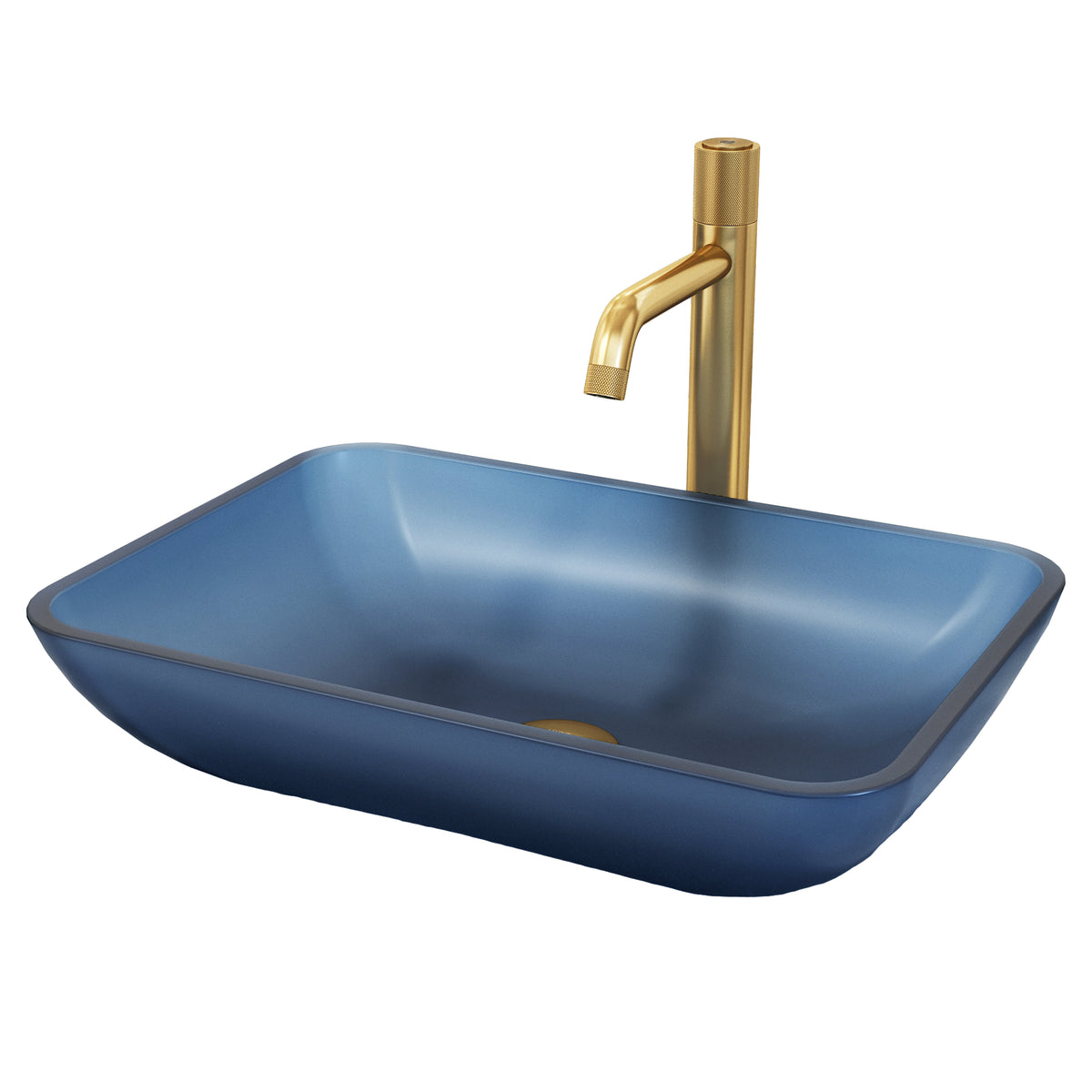 VIGO Royal Blue Glass Vessel Bathroom Sink with Apollo Faucet and Pop-Up Drain in Matte Brushed Gold