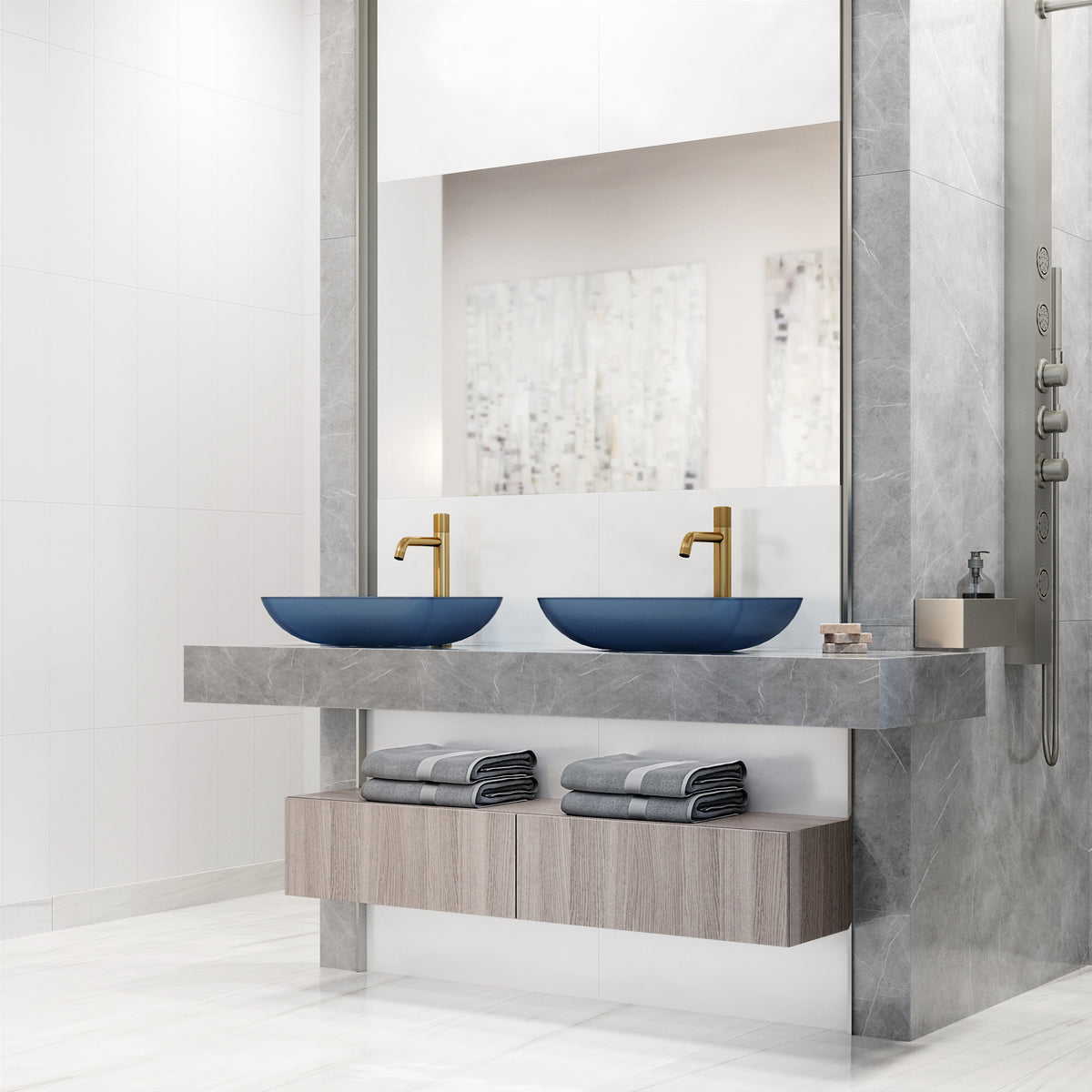 VIGO Royal Blue Glass Vessel Bathroom Sink with Apollo Faucet and Pop-Up Drain in Matte Brushed Gold