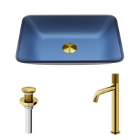 VIGO Royal Blue Glass Vessel Bathroom Sink with Apollo Faucet and Pop-Up Drain in Matte Brushed Gold