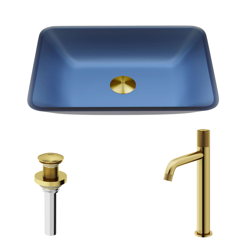 VIGO Royal Blue Glass Vessel Bathroom Sink with Apollo Faucet and Pop-Up Drain in Matte Brushed Gold