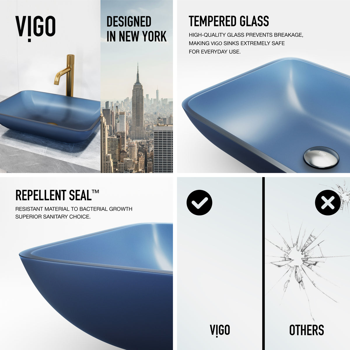 VIGO Royal Blue Glass Vessel Bathroom Sink with Apollo Faucet and Pop-Up Drain in Matte Brushed Gold
