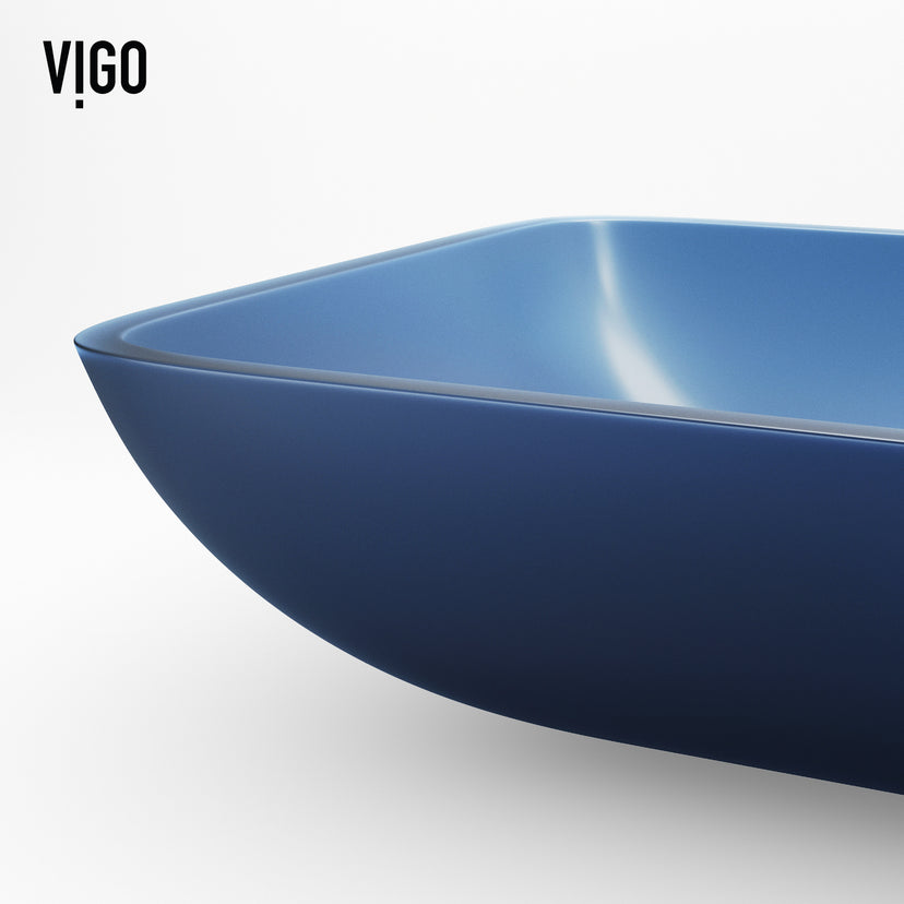 VIGO Royal Blue Glass Vessel Bathroom Sink with Apollo Faucet and Pop-Up Drain in Matte Brushed Gold