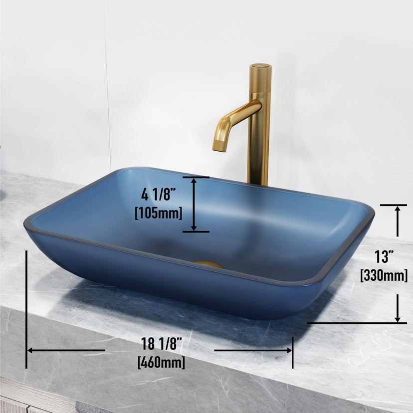 VIGO Royal Blue Glass Vessel Bathroom Sink with Apollo Faucet and Pop-Up Drain in Matte Brushed Gold