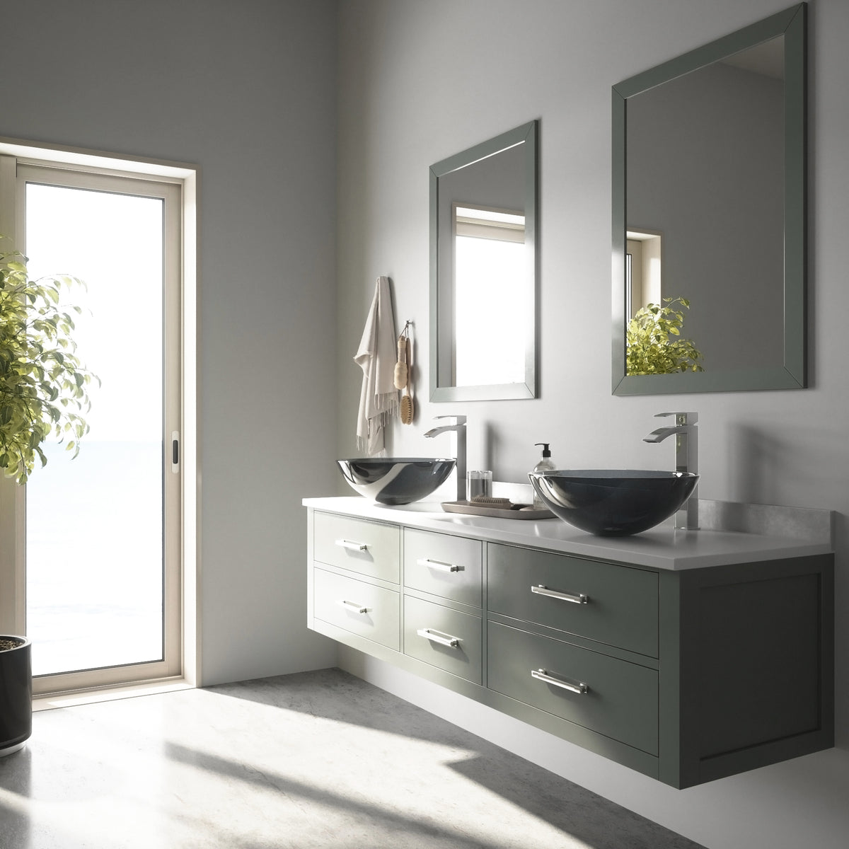 Glass Round Vessel Bathroom Sink in Sheer Black with Duris Faucet and Pop-Up Drain in Chrome