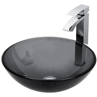 Glass Round Vessel Bathroom Sink in Sheer Black with Duris Faucet and Pop-Up Drain in Chrome