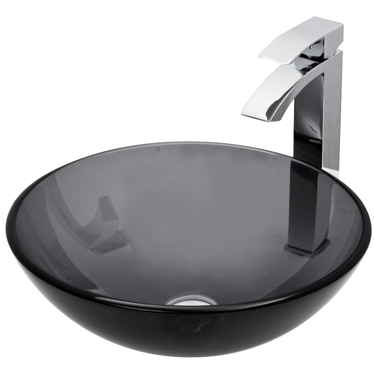 Glass Round Vessel Bathroom Sink in Sheer Black with Duris Faucet and Pop-Up Drain in Chrome