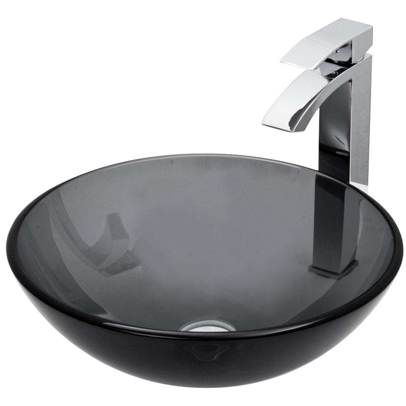 Glass Round Vessel Bathroom Sink in Sheer Black with Duris Faucet and Pop-Up Drain in Chrome