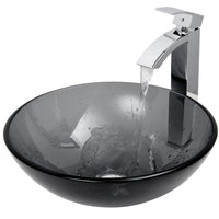 Glass Round Vessel Bathroom Sink in Sheer Black with Duris Faucet and Pop-Up Drain in Chrome