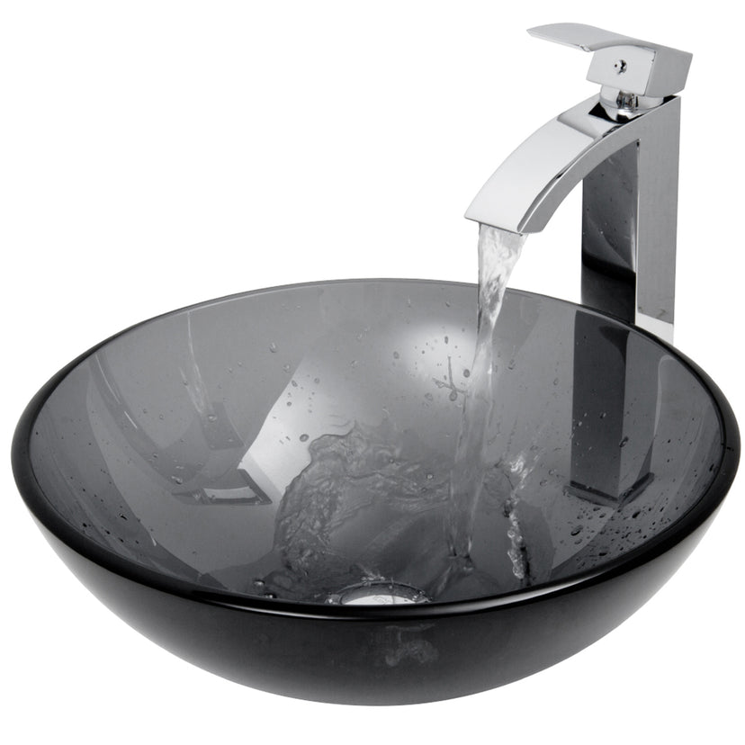 Glass Round Vessel Bathroom Sink in Sheer Black with Duris Faucet and Pop-Up Drain in Chrome