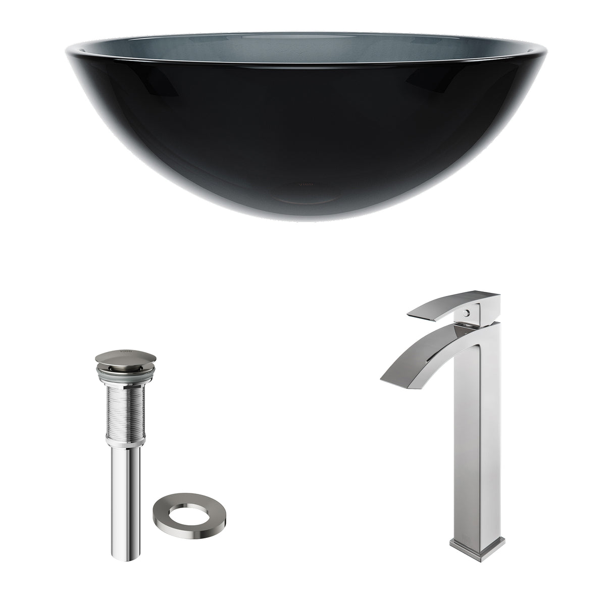 Glass Round Vessel Bathroom Sink in Sheer Black with Duris Faucet and Pop-Up Drain in Chrome
